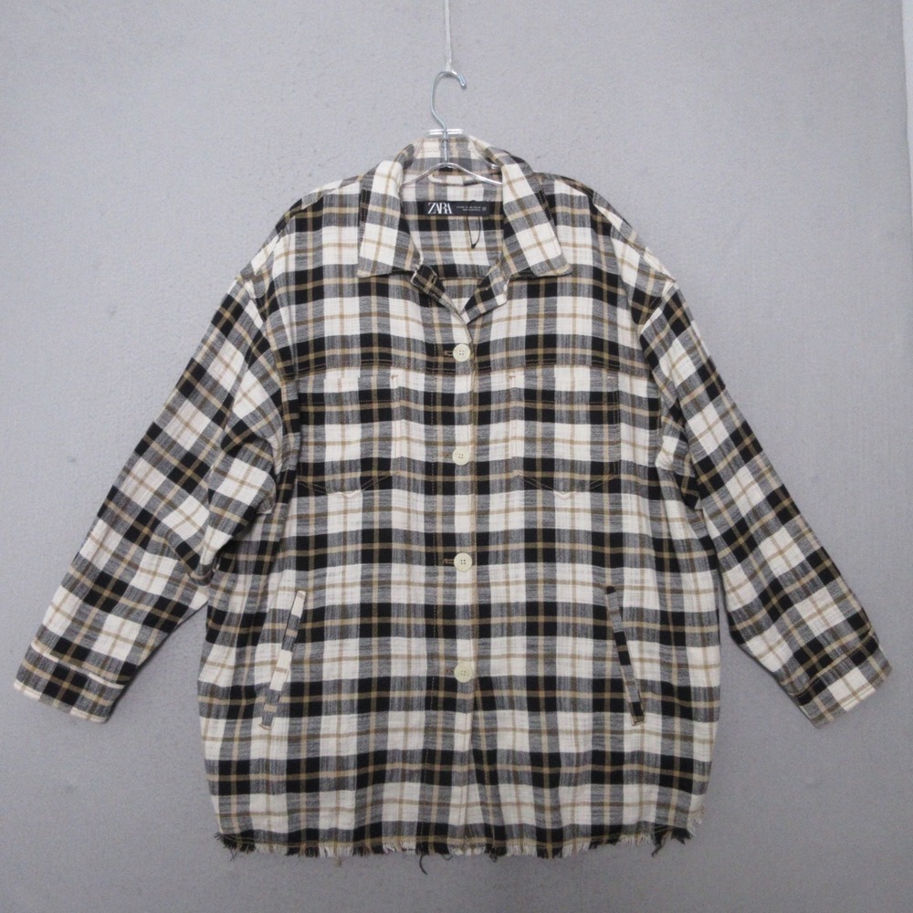 Zara Top Women XXL Plaid Grunge‎ Fray Hem Oversized Relaxed Cotton Blend Comfort